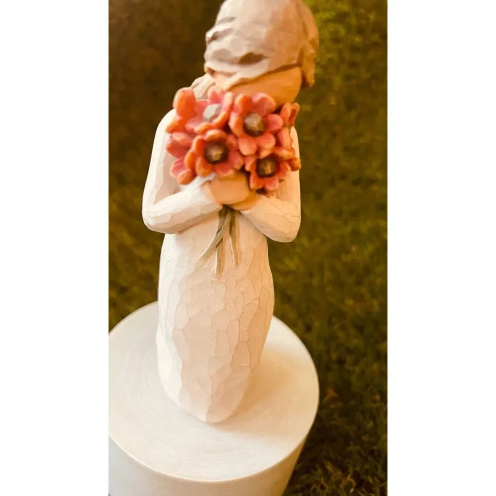 Willow Tree Style Woman Holding Flowers Figurine with Floral Bouquet